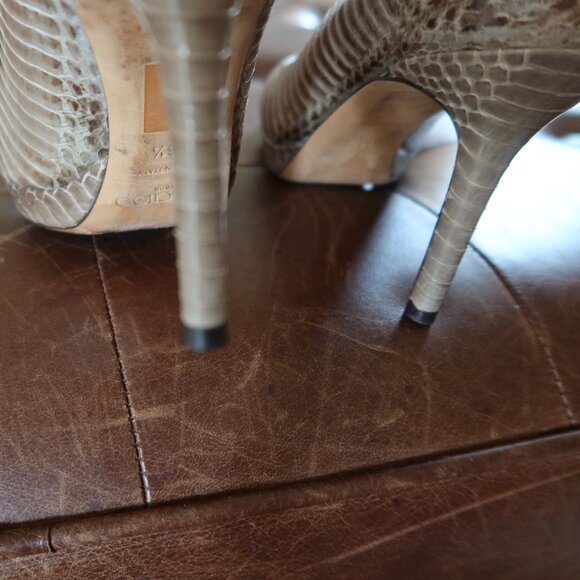 $895 Jimmy Choo peep toe platform snakeskin pumps in grey/green 36 1/2 ITALY - Picture 11 of 15